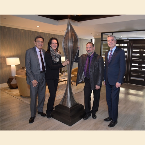 Martin Ginsburg,  Irene Ginsburg. Mayor Thommas Roach and  Eric Laxman with Bird of Paradise at Lobby Dedication/ unveiling.